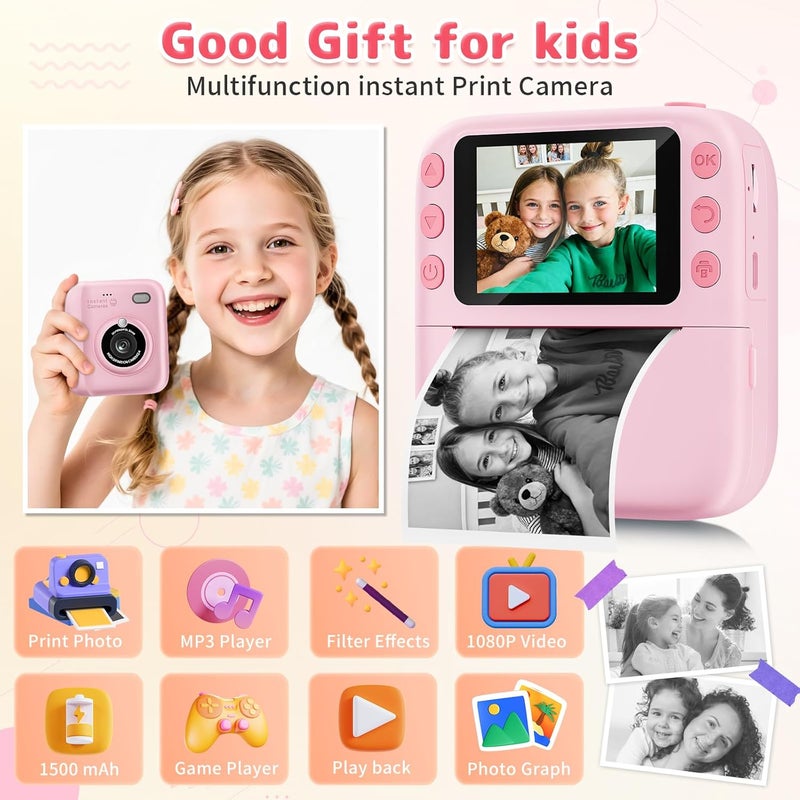 Yusuuo Instant Print Camera for Kids, Christmas Birthday Gifts for Girls Boys, 1080P Instant Digital Print Cameras for Toddler,Portable Toy for 4 5 6 7 8 9 10 Year Old Girl with 32GB SD Card，Pink - Image 2